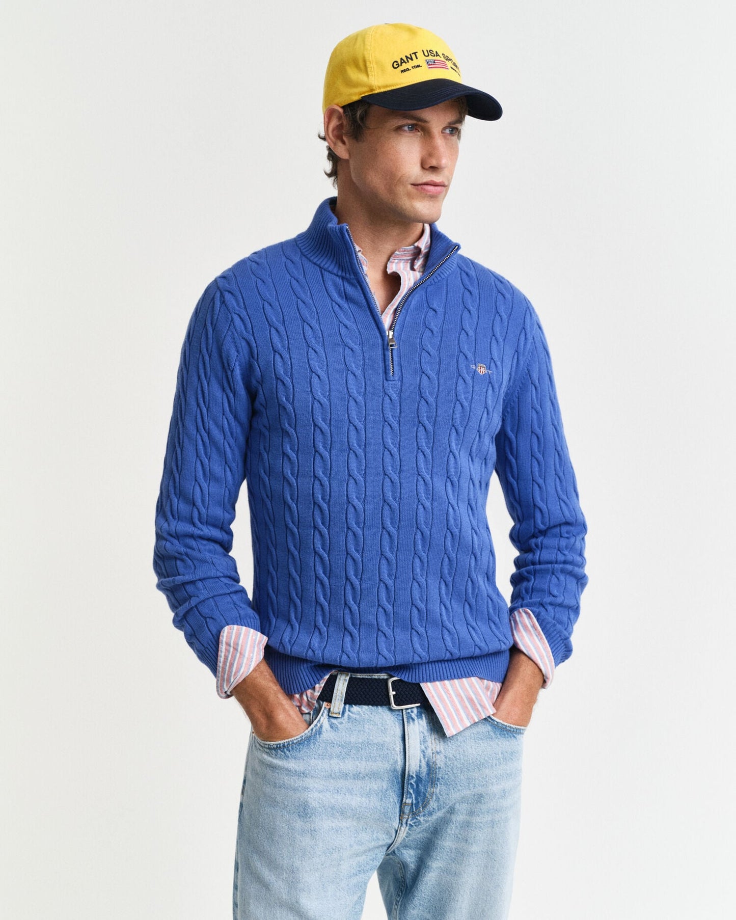 Pull demi-zip en coton tricoté torsadé