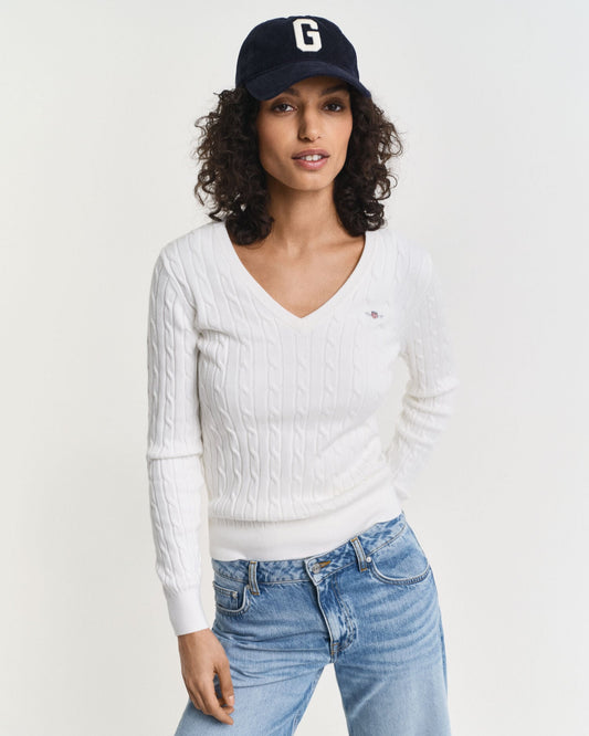 Pull Col V en Coton Extensible Tricoté Câblé