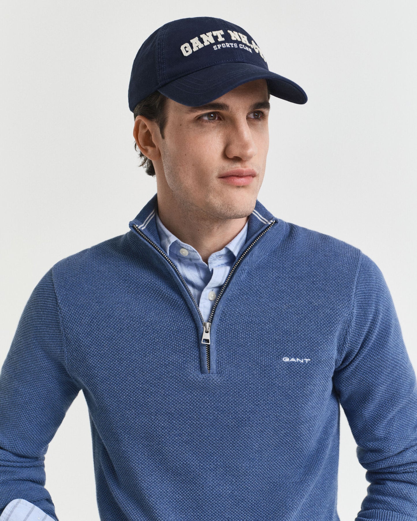 Baumwoll-Pikee-Pullover mit halbem Reißverschluss