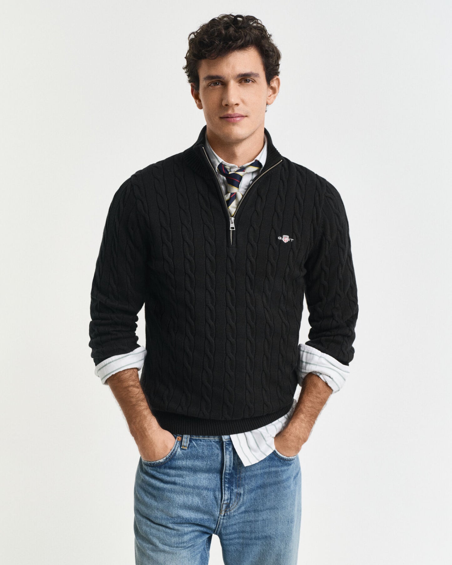 Baumwoll-Zopfstrickpullover mit halbem Reißverschluss