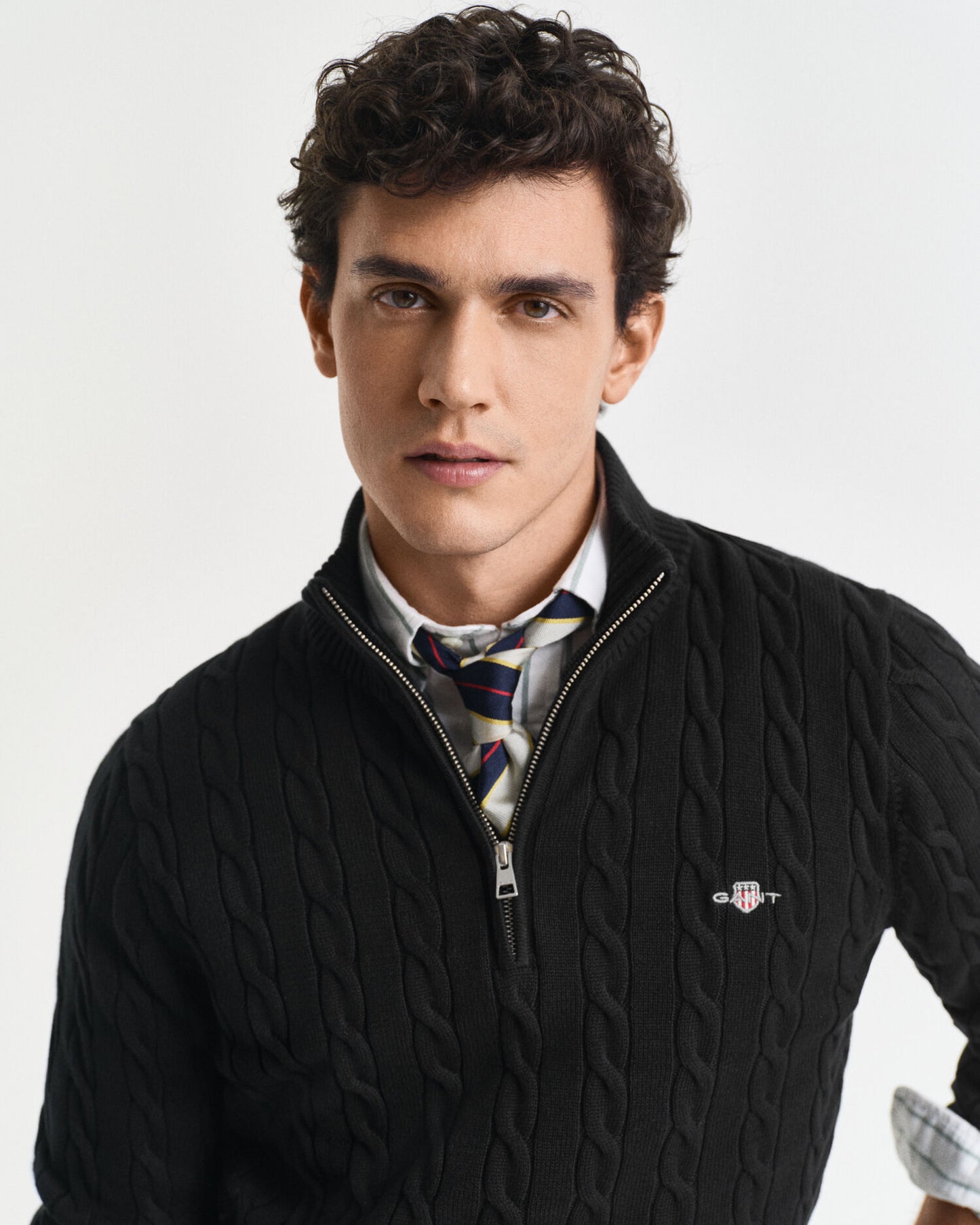 Pull demi-zip en coton tricoté torsadé