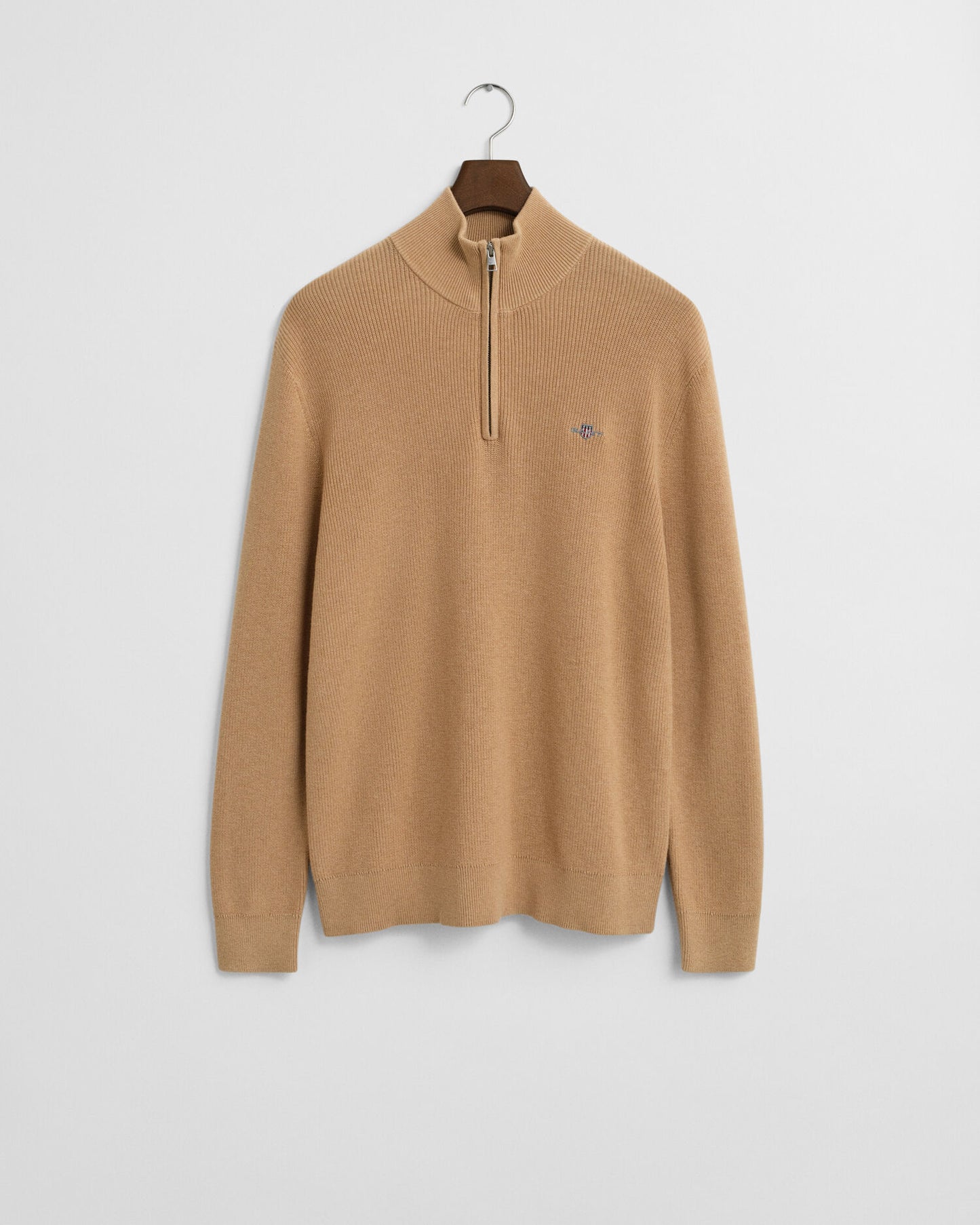 Rippstrick-Pullover aus Baumwoll-Merinowolle mit halbem Reißverschluss