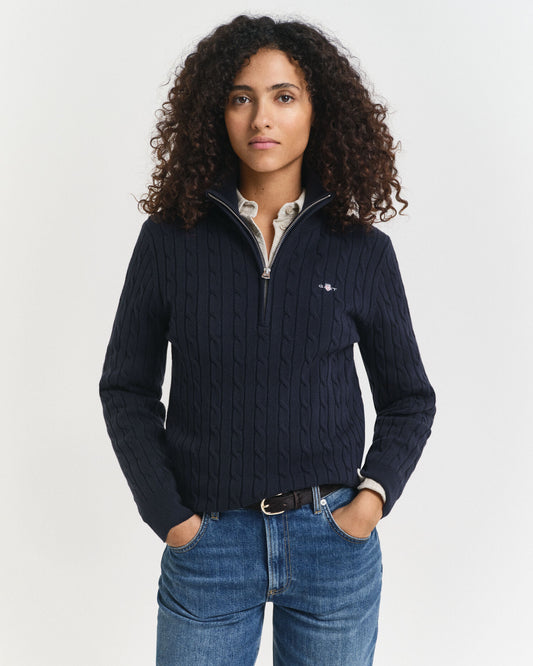 Pull mi-zippé en maille torsadée de coton extensible
