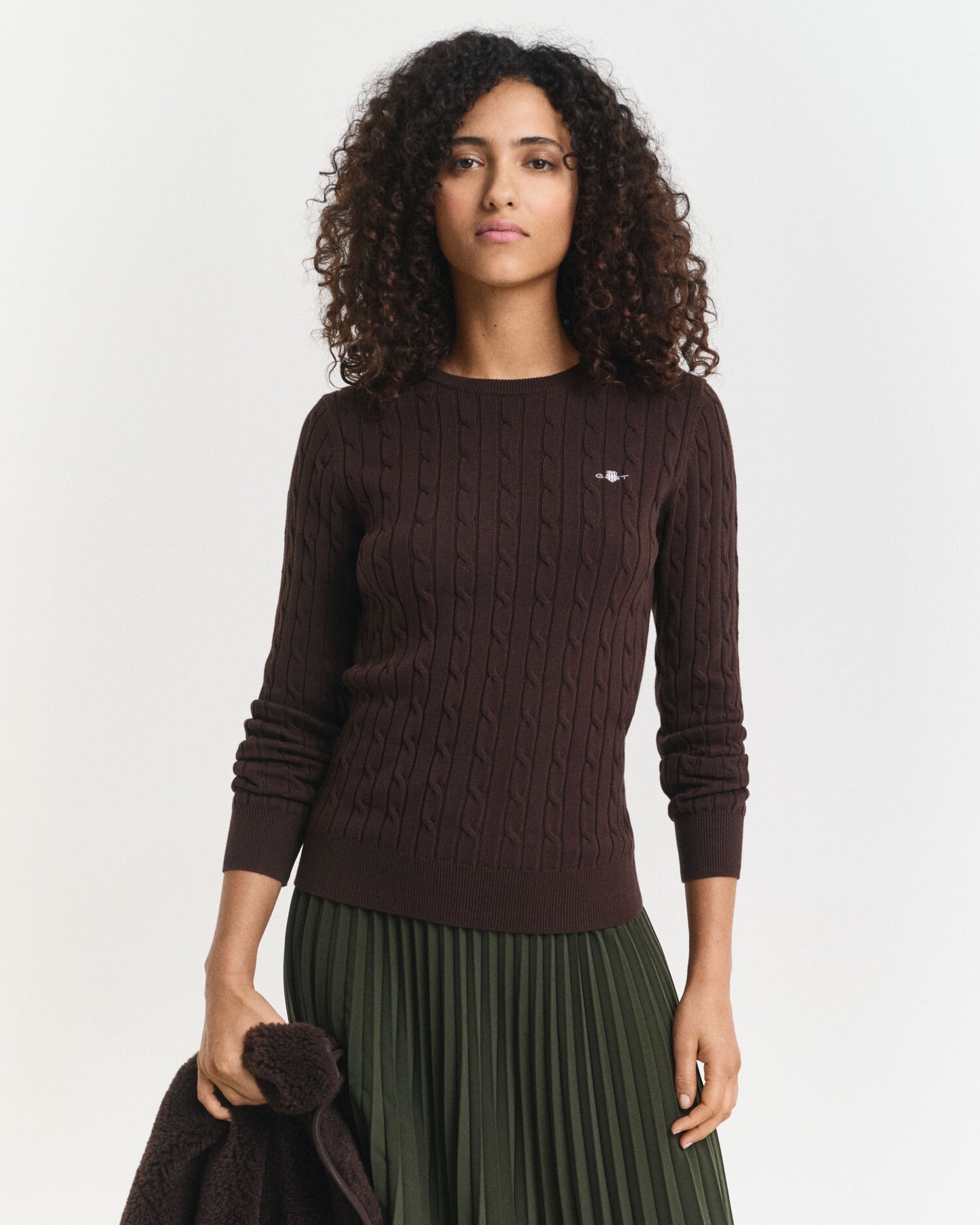 Pullover aus Baumwollstretch mit Zopfmuster am Rundhalsausschnitt