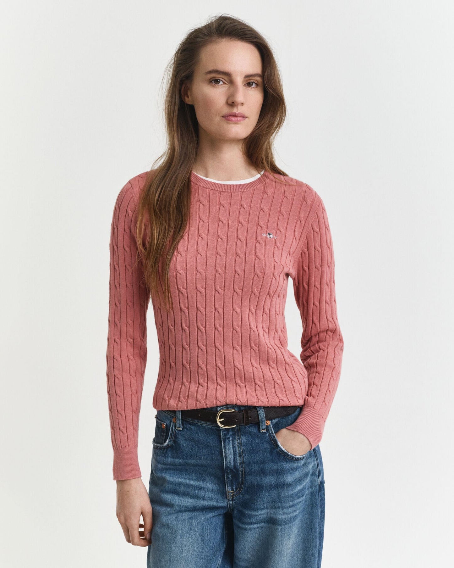 Sweatshirt mit Rundhalsausschnitt aus Stretch-Baumwolle mit Zopfmuster