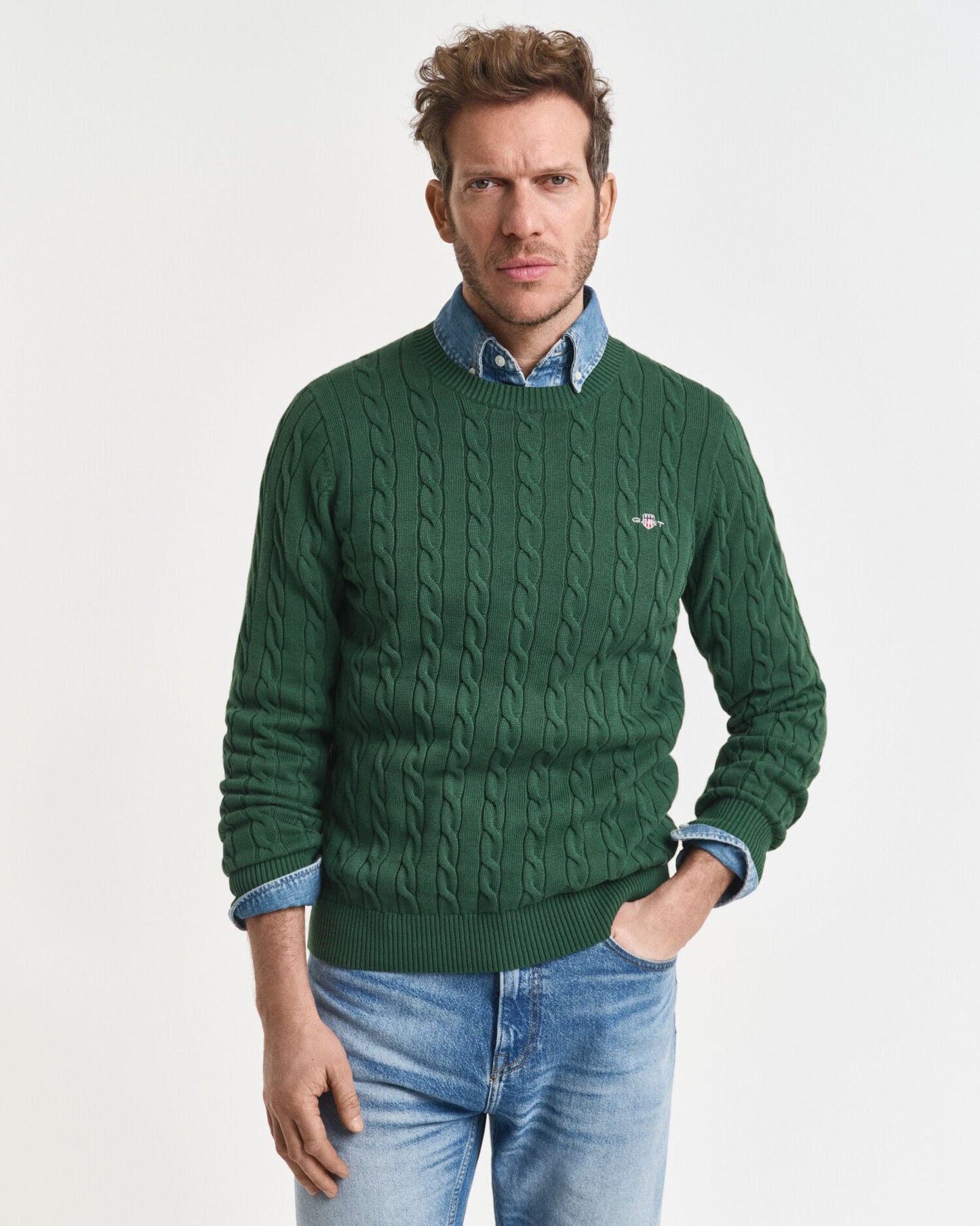 Pullover aus Baumwoll-Zopfstrick mit Rundhalsausschnitt