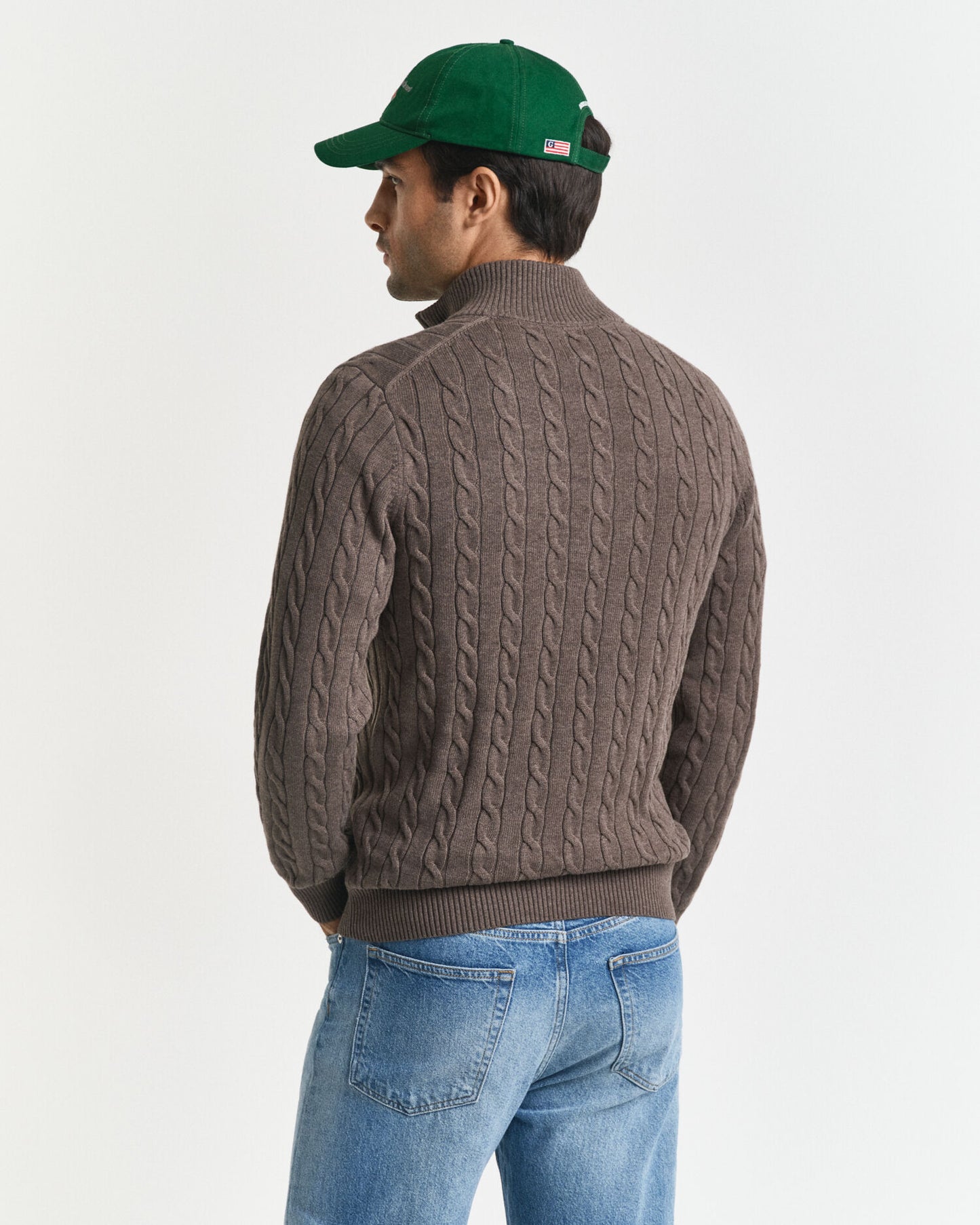 Baumwoll-Zopfstrickpullover mit halbem Reißverschluss