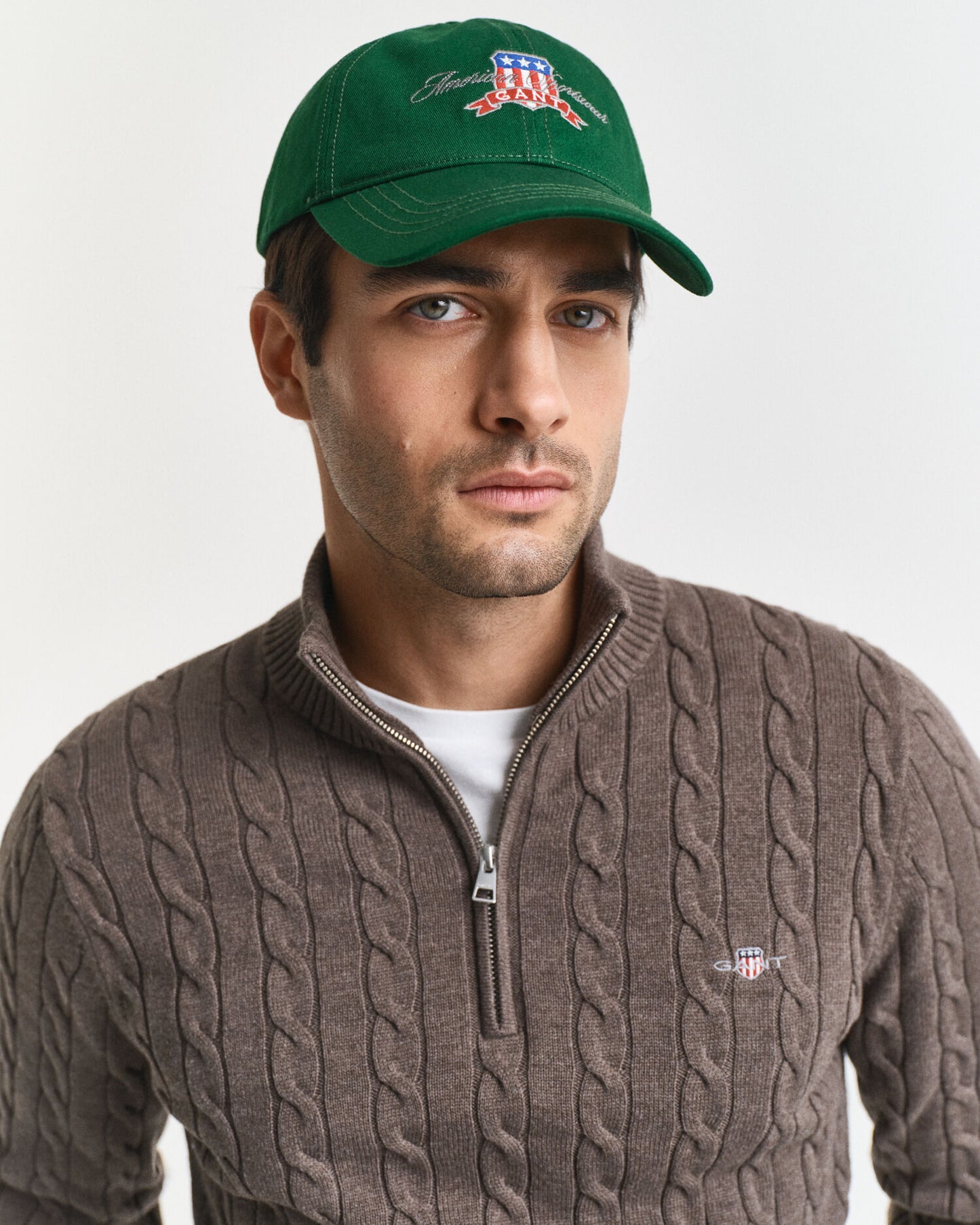 Baumwoll-Zopfstrickpullover mit halbem Reißverschluss