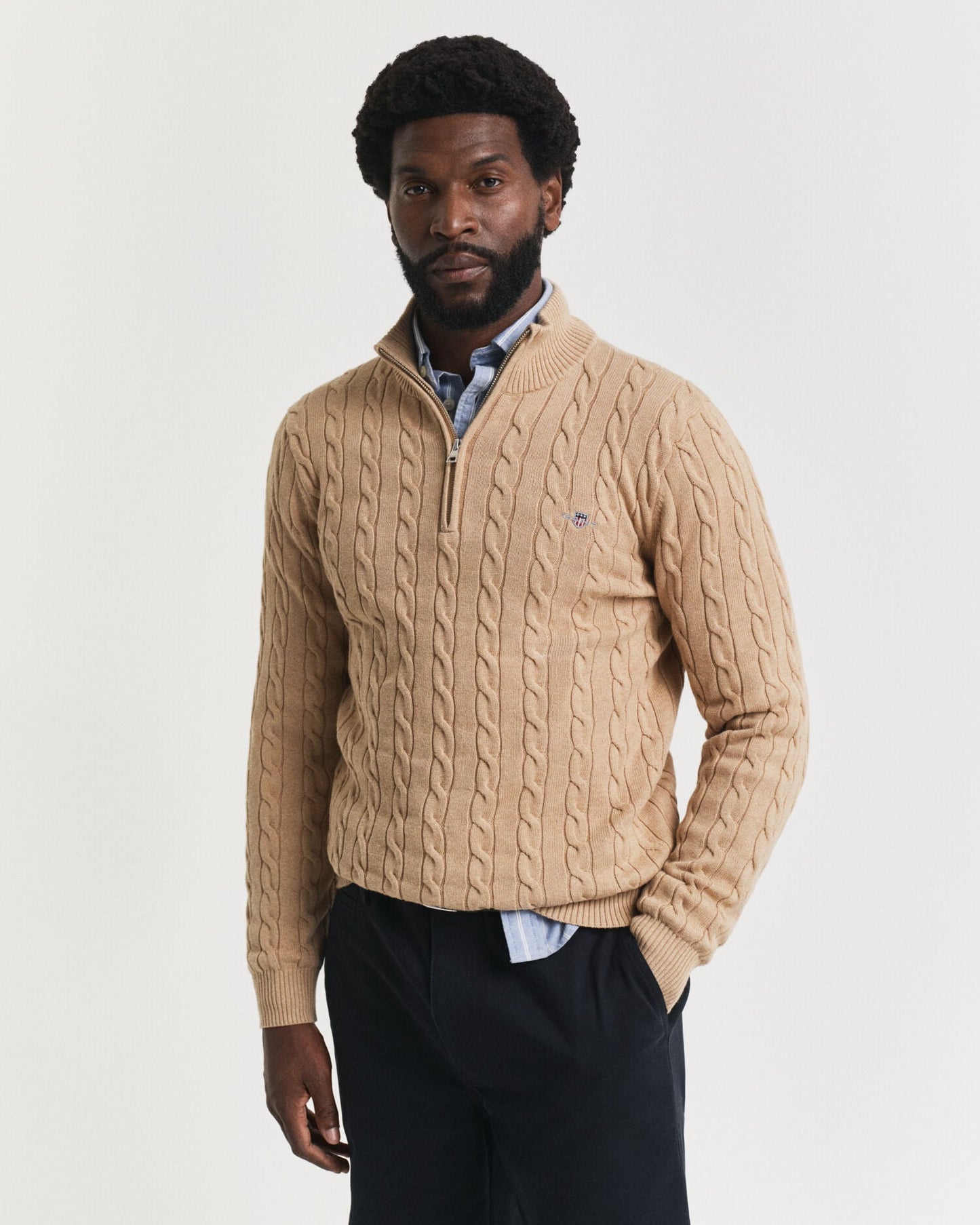 Pull demi-zip en coton tricoté torsadé