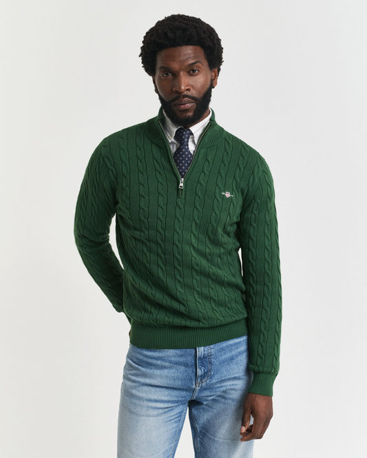 Baumwoll-Zopfstrickpullover mit halbem Reißverschluss