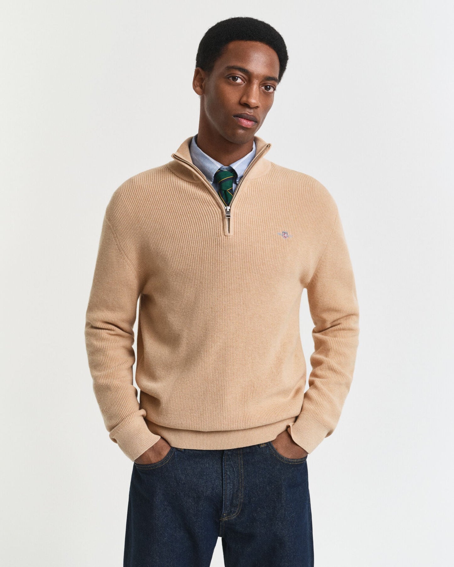 Rippstrick-Pullover aus Baumwoll-Merinowolle mit halbem Reißverschluss