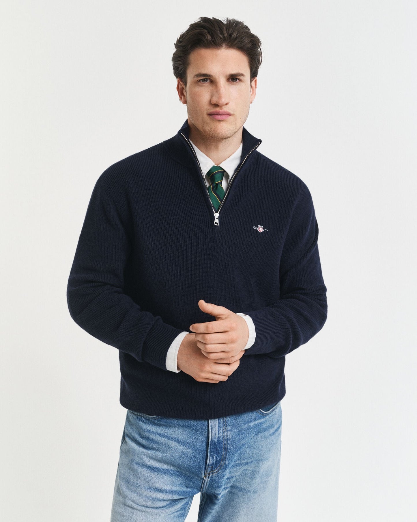 Gerippter Pullover aus Baumwolle und Merinowolle mit halbem Reißverschluss