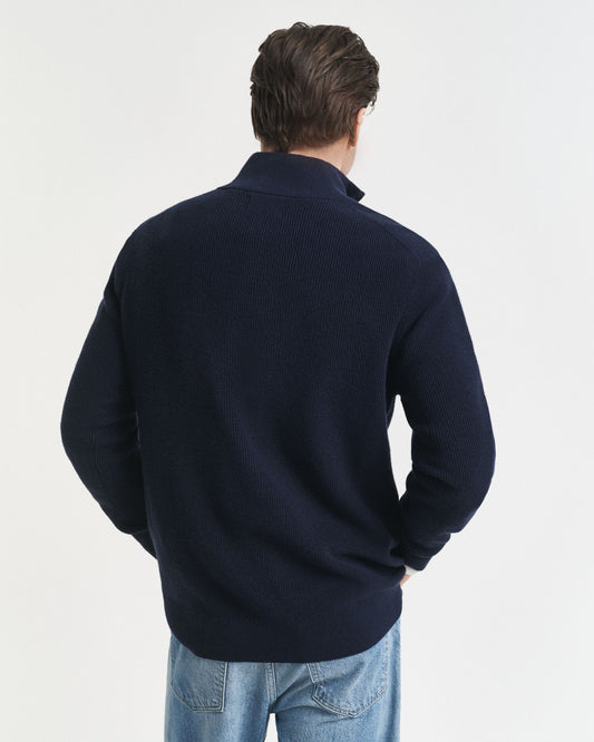 Gerippter Baumwoll-Merinowolle-Half-Zip-Pullover