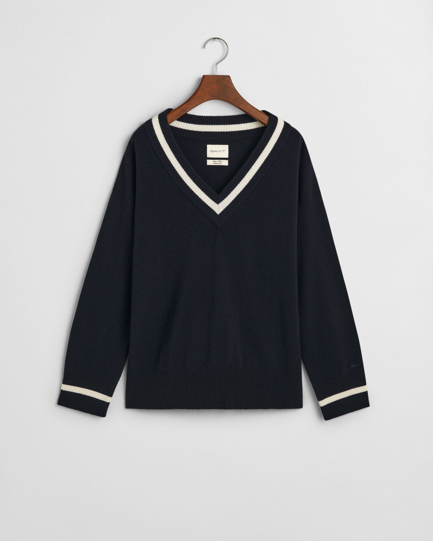 Superfeiner Lambswool V-Pullover mit Kontraststreifen