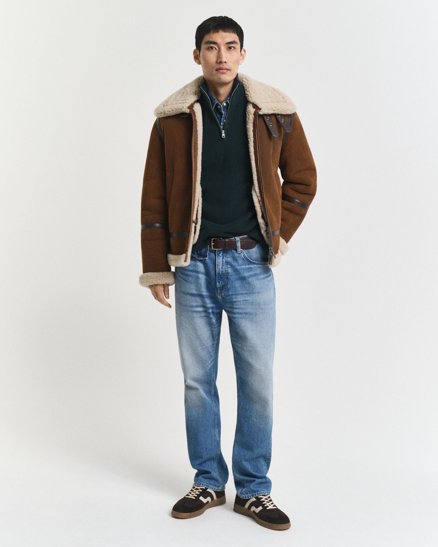 Gerippter Pullover aus Baumwolle und Merinowolle mit halbem Reißverschluss