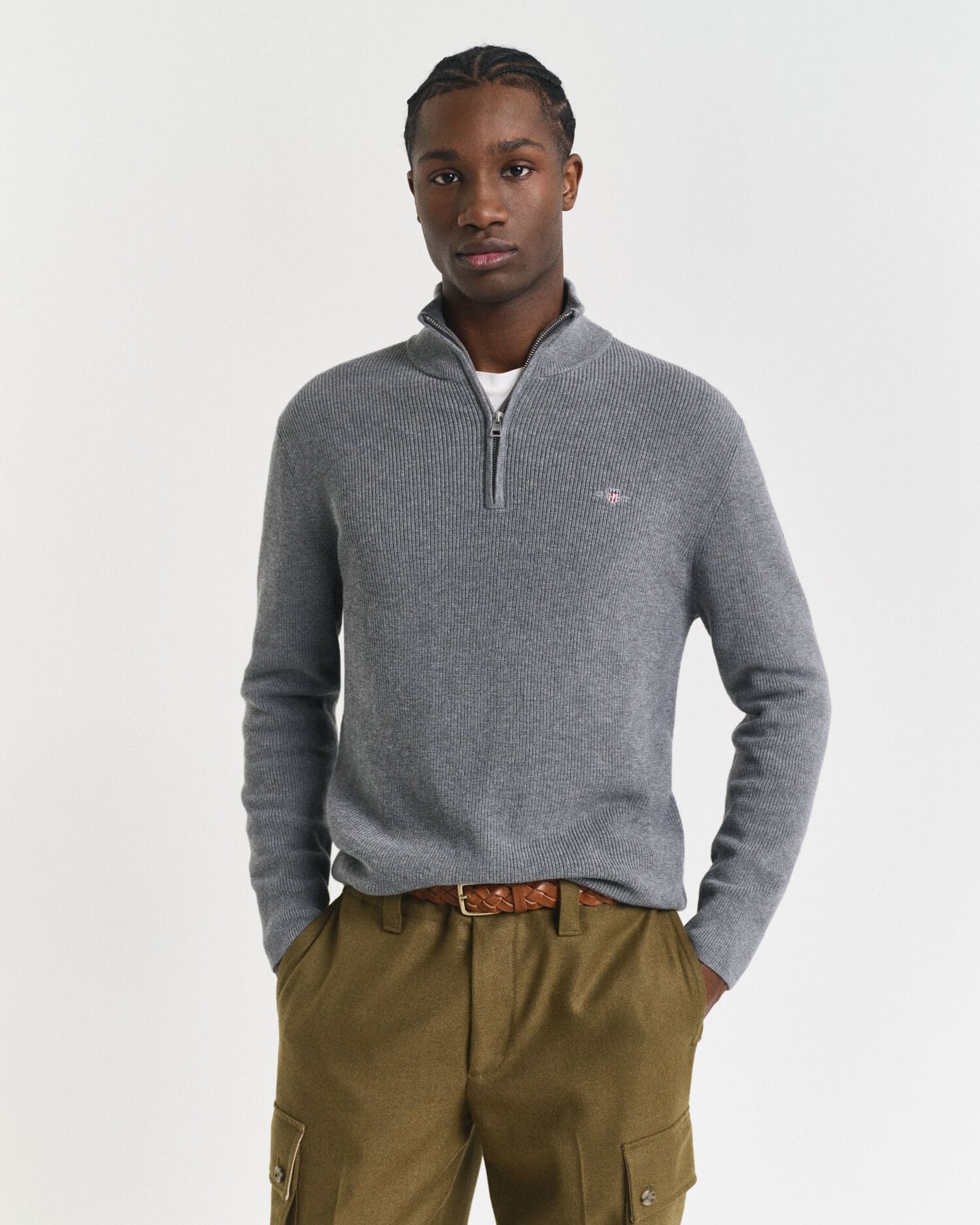 Rippstrick-Pullover aus Baumwoll-Merinowolle mit halbem Reißverschluss