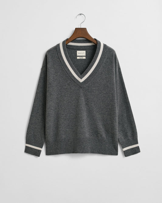 Pull en agneau extrafin col en V contrastant