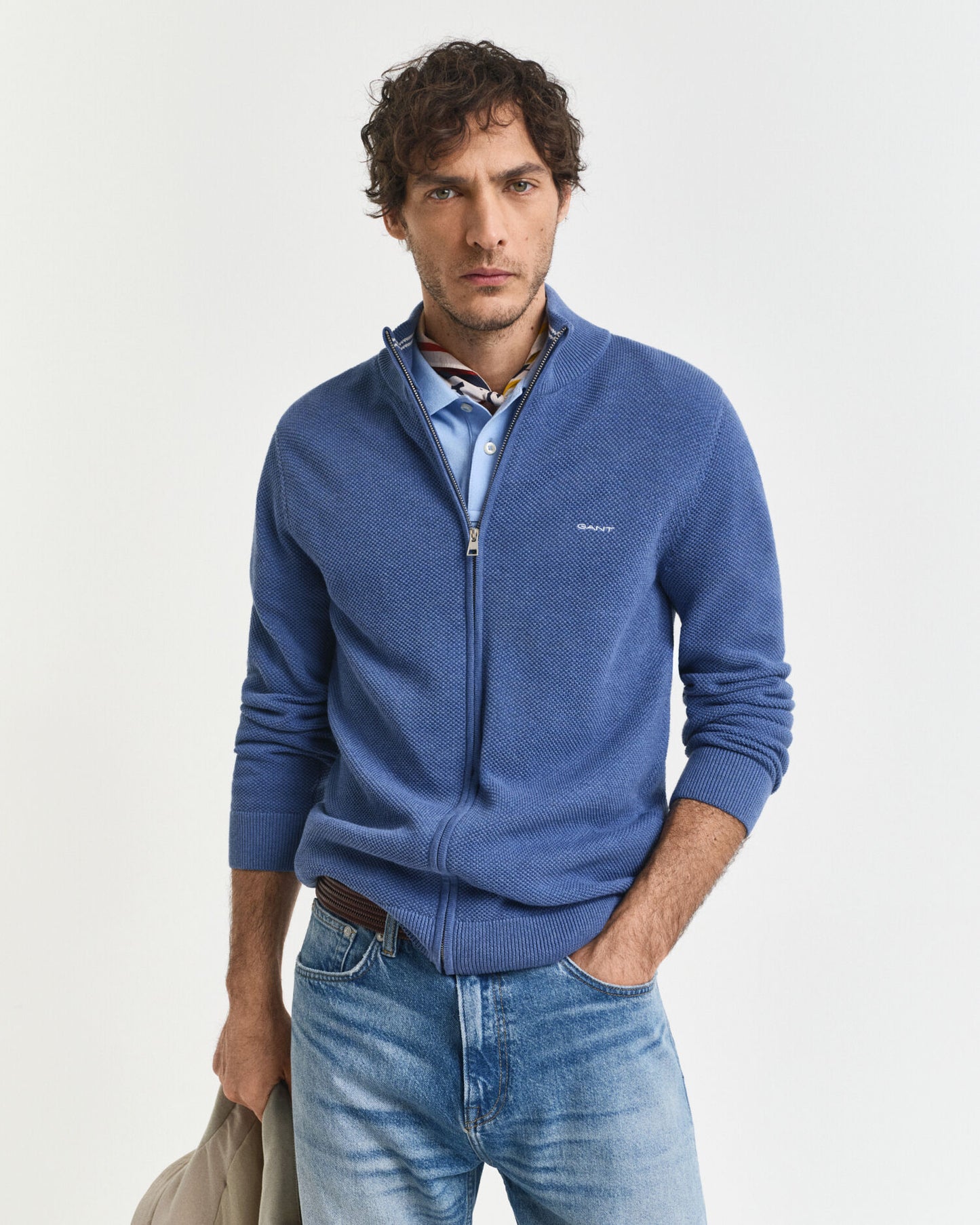 Baumwoll-Pikee-Strickjacke mit Reißverschluss